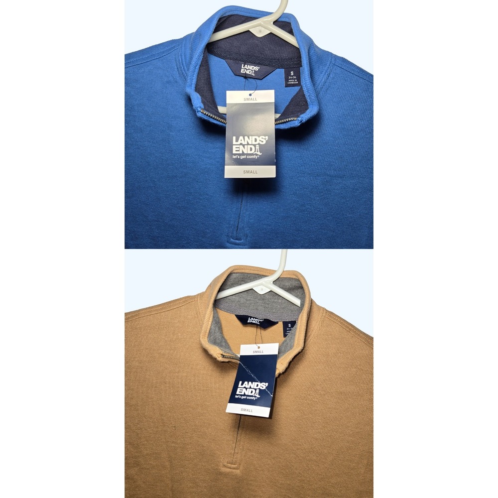 LOT OF 2 NEW Lands End Ribbed 1/4 Zip Pullover Mariner Blue Beige Mens Small